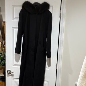 Elegant Black Wool Coat with Fur Hood.